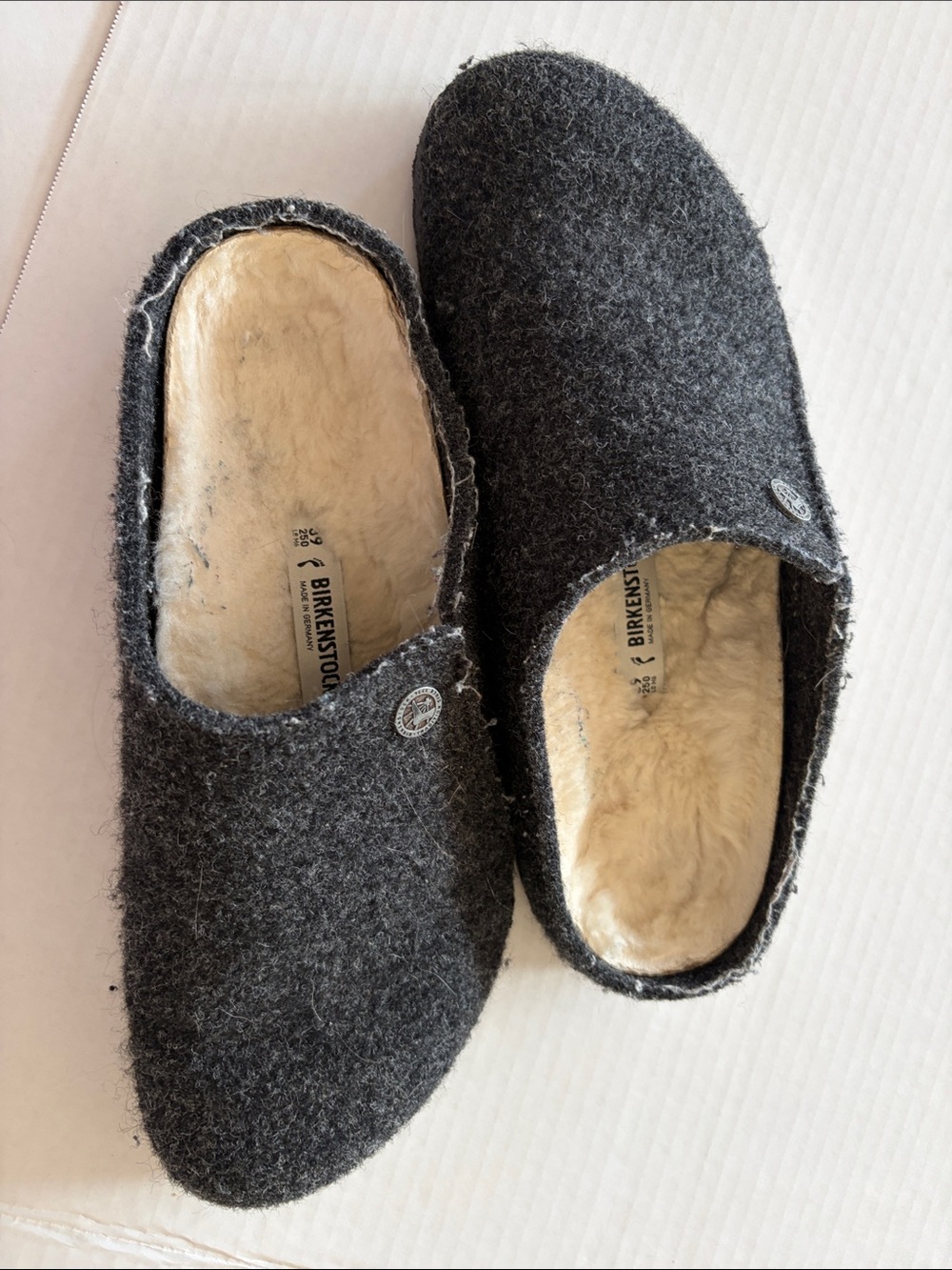Birkenstock Zermatt Charcoal Felt Wool Slip-On Clogs with Cream Shearling Lining